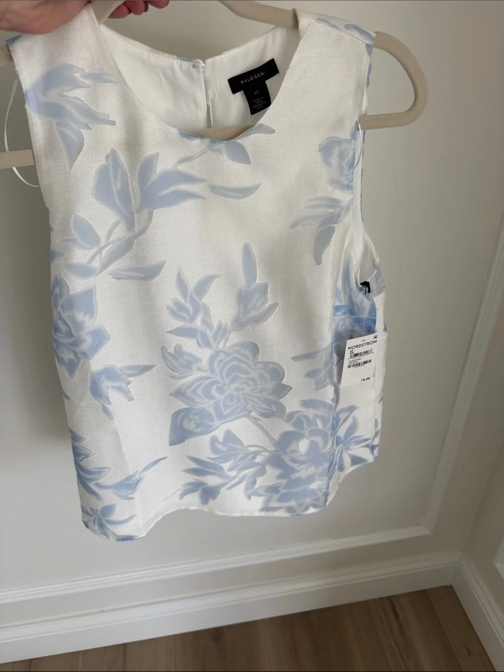 Halogen White Satin Shell with Pale Blue Floral Print